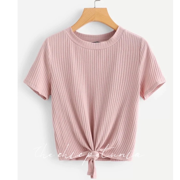 The Chic Petunia Tops - Plus pink short sleeve rib knit front knot tee